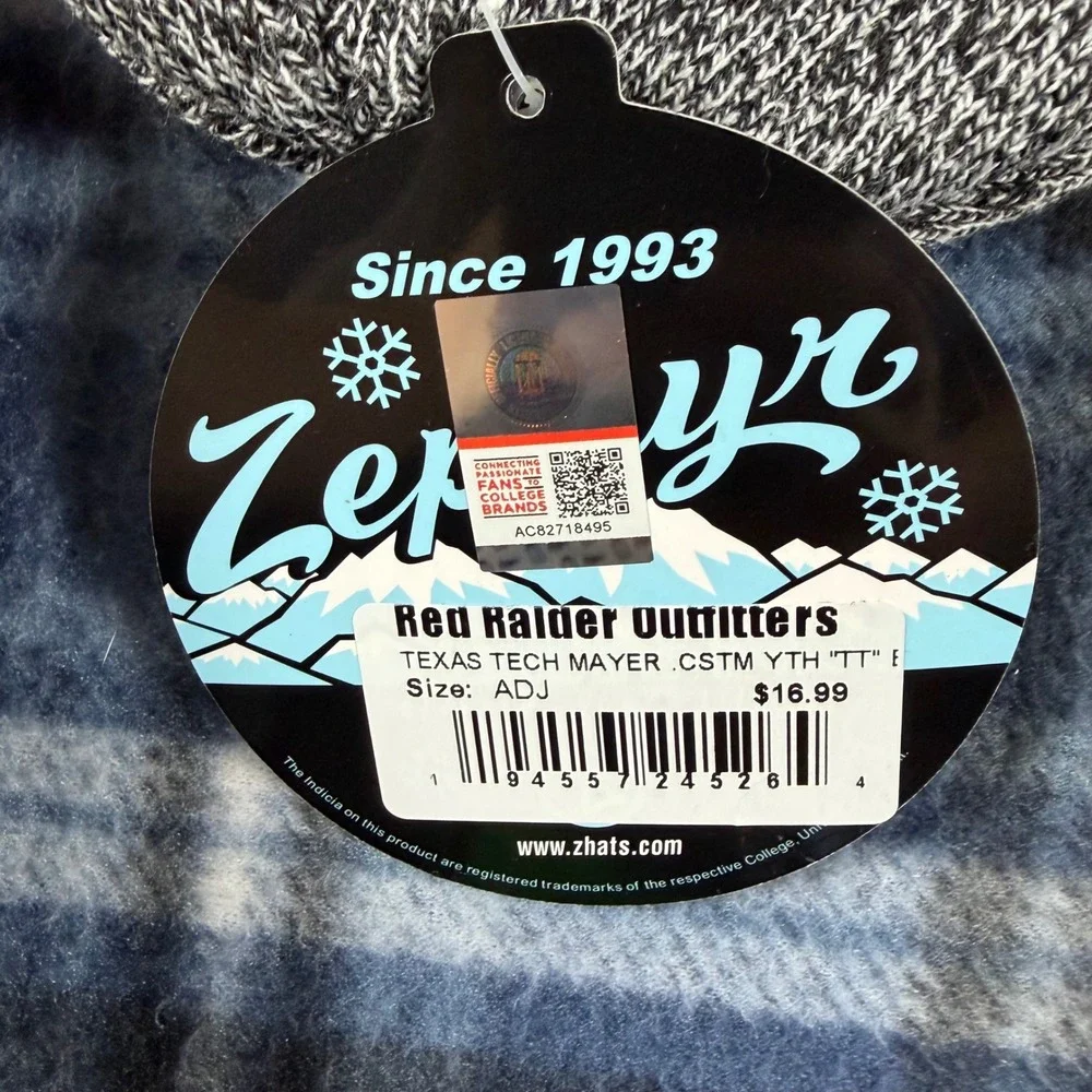 Zephyr Texas Tech Red Raiders Beanie Hat Grey Red Knit Fleece Lined Youth ADJ